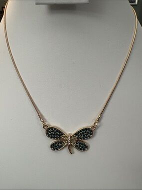 Gold Butterfly Pendant Necklace with Teal Crystals